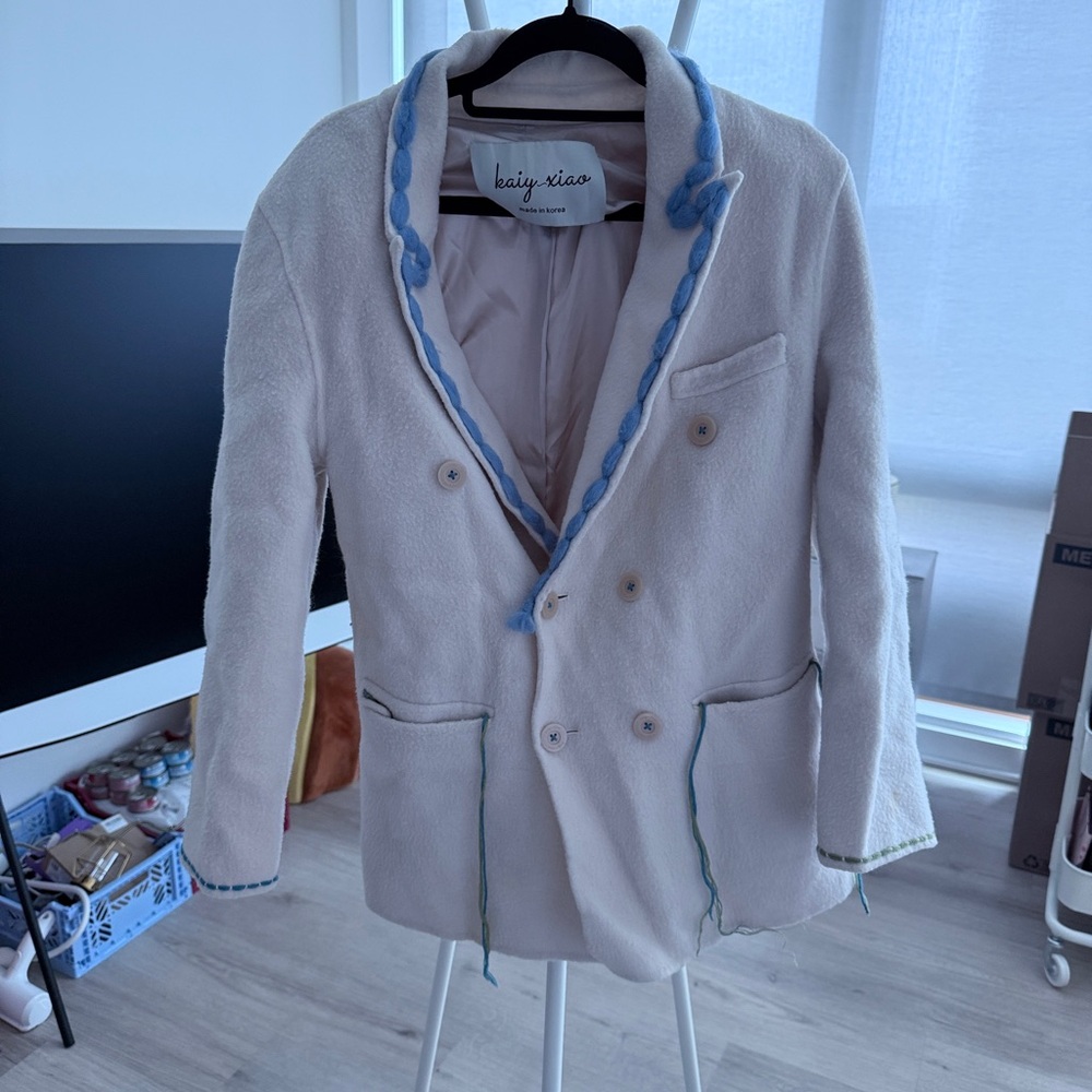 Korean White Blazer with Blue Accents